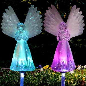 2 Packs Solar Angel Lights Outdoor, Color Changing Landscape Path Lights, Waterproof Cemetery Decorations for Grave, Memorial Garden, Backyard, Lawn, Pathway