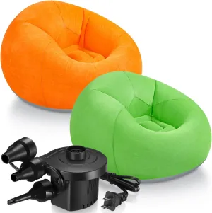 2 Pcs Bean Bag Chairs for Adults Kids Inflatable Chairs with Electric Air Pump Blow up Chair Inflatable Lazy Sofa Folding Portable Inflatable Chair for Living Room Bedroom(Orange, Green)