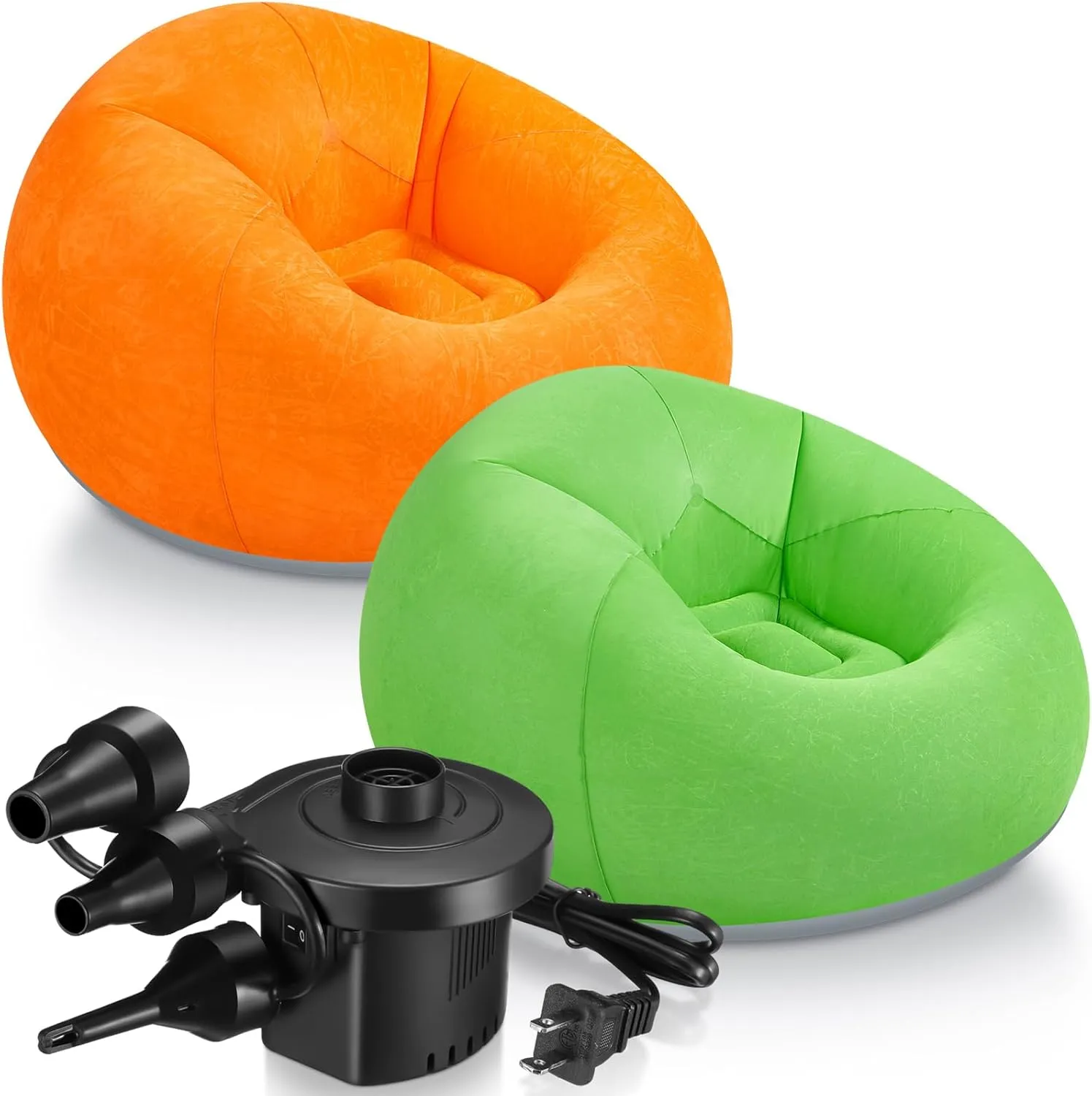 2 Pcs Bean Bag Chairs for Adults Kids Inflatable Chairs with Electric Air Pump Blow up Chair Inflatable Lazy Sofa Folding Portable Inflatable Chair for Living Room Bedroom(Orange, Green)