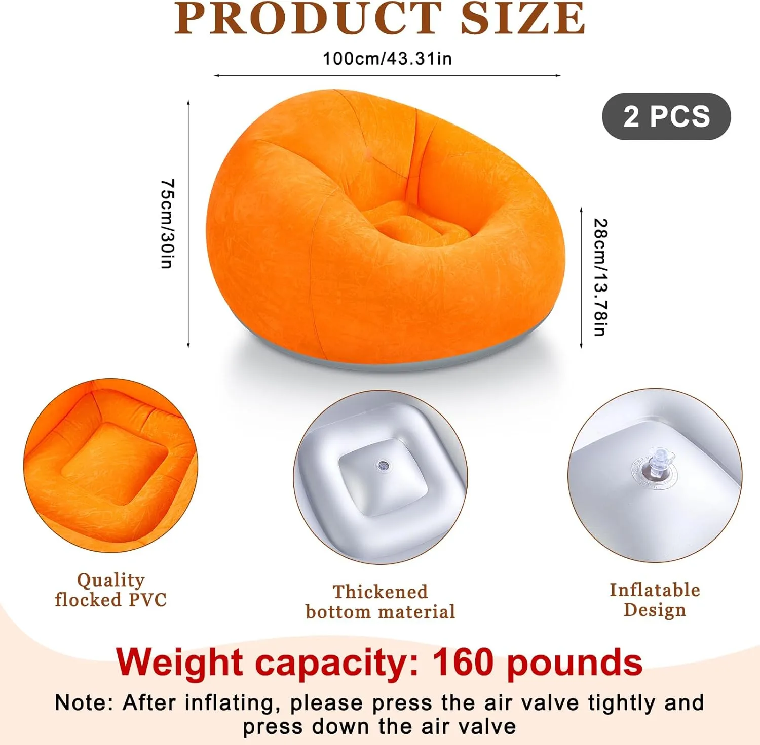 2 Pcs Bean Bag Chairs for Adults Kids Inflatable Chairs with Electric Air Pump Blow up Chair Inflatable Lazy Sofa Folding Portable Inflatable Chair for Living Room Bedroom(Orange, Green)
