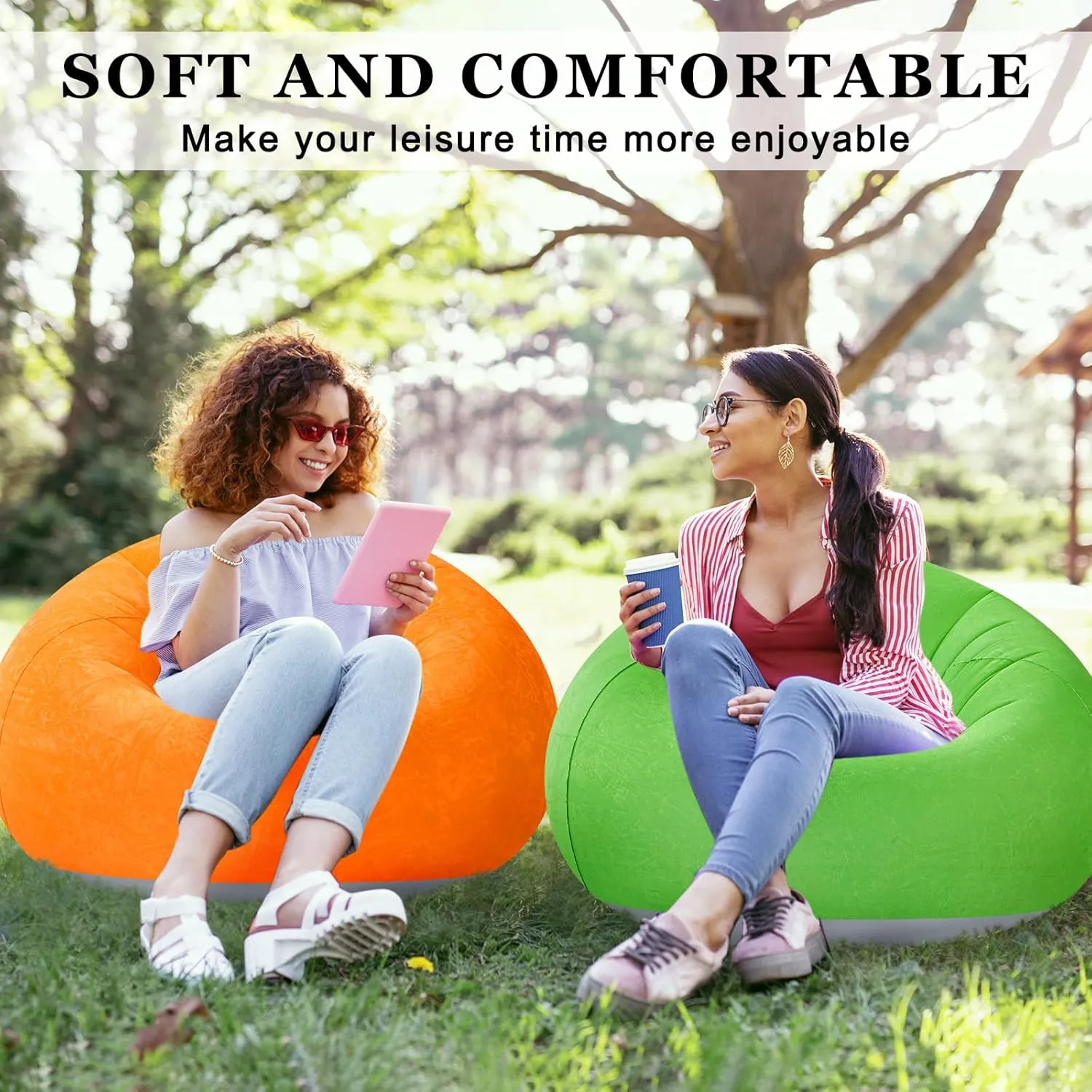 2 Pcs Bean Bag Chairs for Adults Kids Inflatable Chairs with Electric Air Pump Blow up Chair Inflatable Lazy Sofa Folding Portable Inflatable Chair for Living Room Bedroom(Orange, Green)