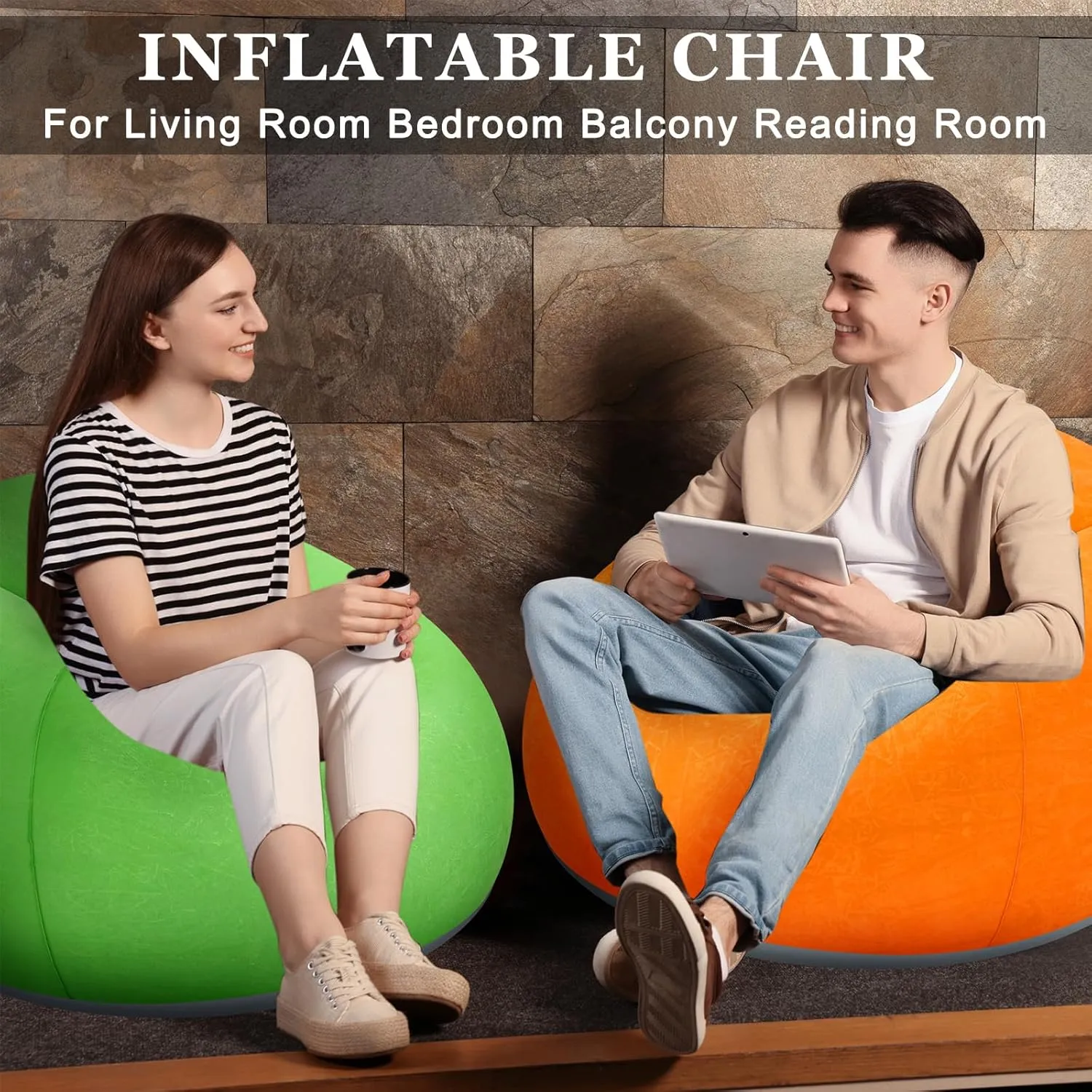2 Pcs Bean Bag Chairs for Adults Kids Inflatable Chairs with Electric Air Pump Blow up Chair Inflatable Lazy Sofa Folding Portable Inflatable Chair for Living Room Bedroom(Orange, Green)