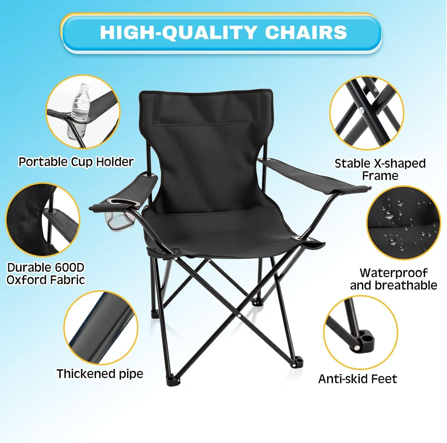 2 Pcs Foldable Camping Chair with Umbrella Set of 2 Camp Chairs for Adults Folding Picnic Seat Foldable Lawn Seat for Outdoors Fishing Hiking Travel Picnic Beach Patio (Black)