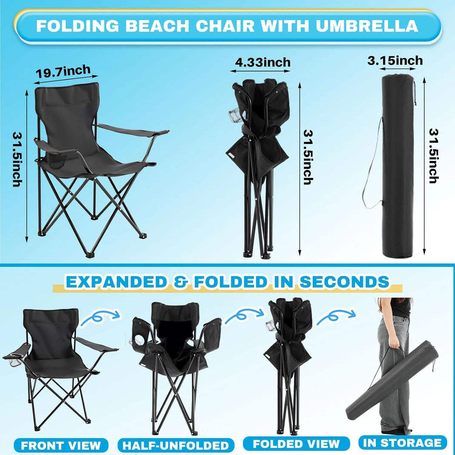2 Pcs Foldable Camping Chair with Umbrella Set of 2 Camp Chairs for Adults Folding Picnic Seat Foldable Lawn Seat for Outdoors Fishing Hiking Travel Picnic Beach Patio (Black)