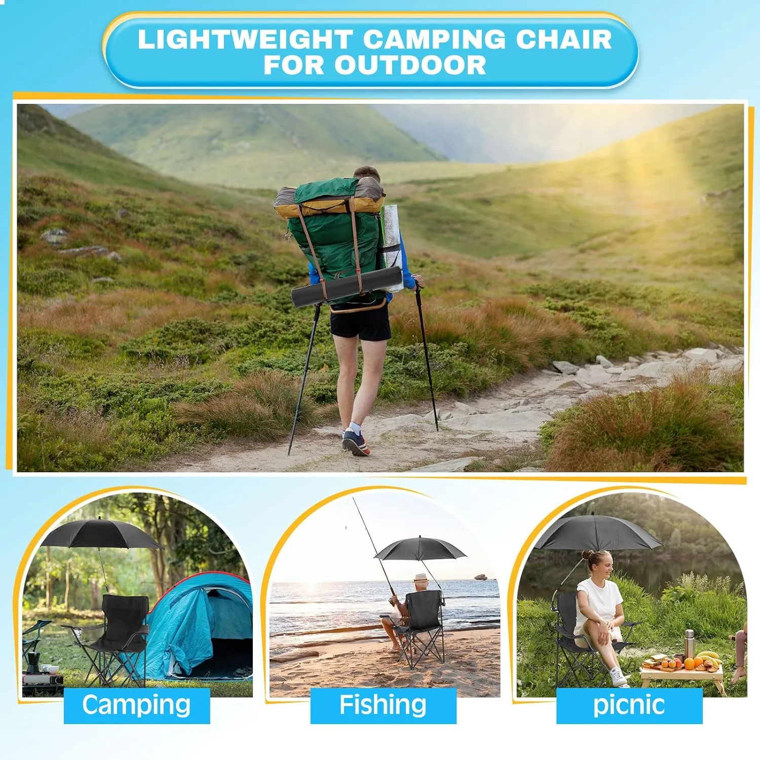 2 Pcs Foldable Camping Chair with Umbrella Set of 2 Camp Chairs for Adults Folding Picnic Seat Foldable Lawn Seat for Outdoors Fishing Hiking Travel Picnic Beach Patio (Black)