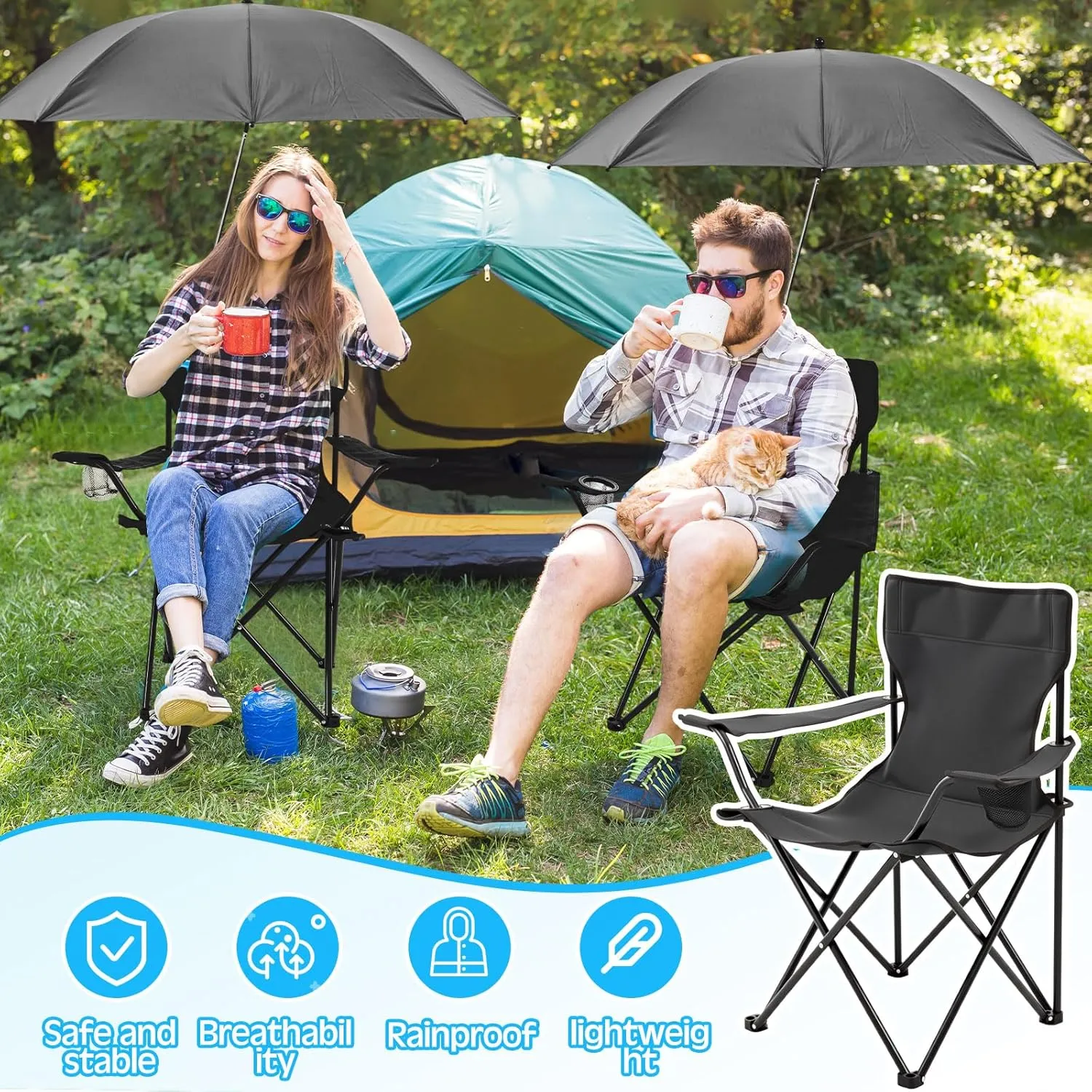 2 Pcs Foldable Camping Chair with Umbrella Set of 2 Camp Chairs for Adults Folding Picnic Seat Foldable Lawn Seat for Outdoors Fishing Hiking Travel Picnic Beach Patio (Black)