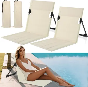 2 Pcs Foldable Pool Chairs - Durable Aluminum Flip Lounge Seats for Beach, Camping & Lawn - Portable Foldable Poolside Seat Pool Chairs with Storage Bag for Edge of Poolside (Light Beige)