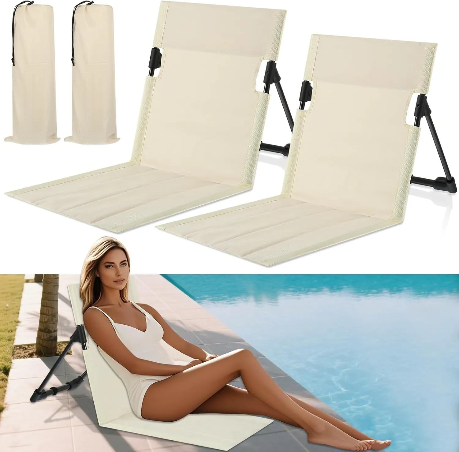 2 Pcs Foldable Pool Chairs - Durable Aluminum Flip Lounge Seats for Beach, Camping & Lawn - Portable Foldable Poolside Seat Pool Chairs with Storage Bag for Edge of Poolside (Light Beige)