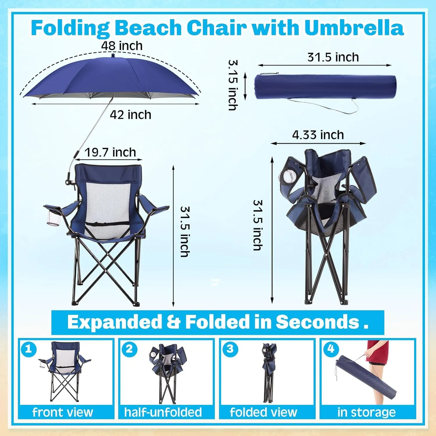 2 Pcs Portable Camping Beach Chair with Adjustable Umbrella and Backpack Foldable Sand Chairs with Mesh Back for Adult Lawn Outdoors Fishing Hiking Travel Picnic Supply