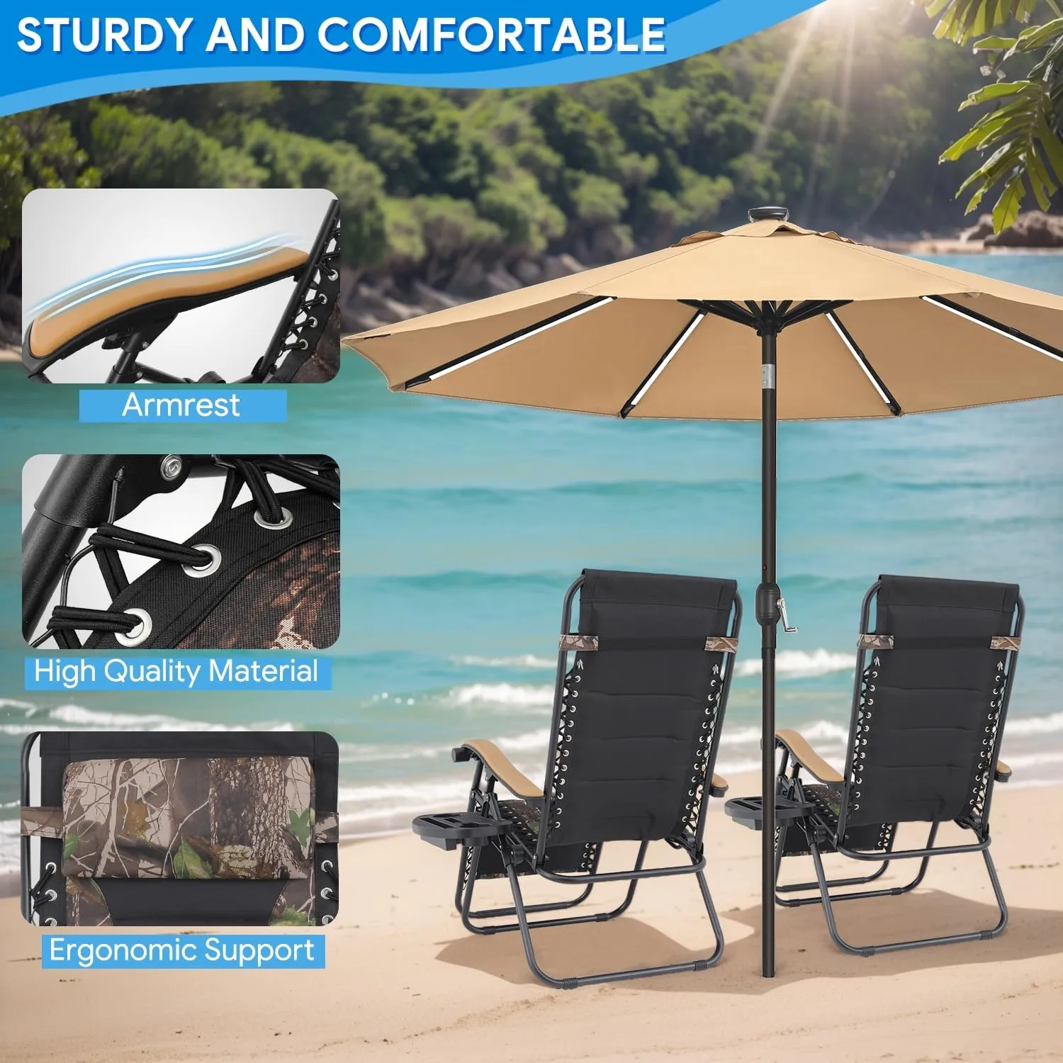 2 pcs Zero Gravity Lounge Chair, Foldable Patio Recliners with Cup Holder Tray & Ergonomic Headrest for Outdoor, Beach, Camping, CAAP-BCC-C2P-JG
