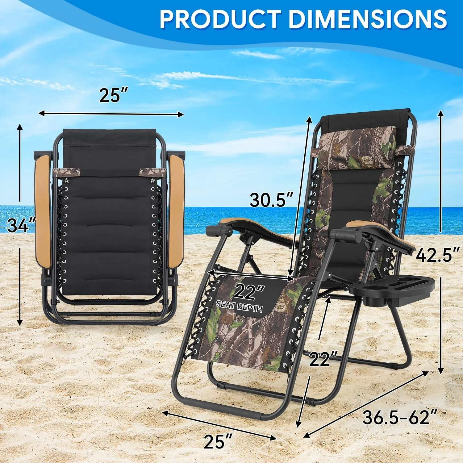 2 pcs Zero Gravity Lounge Chair, Foldable Patio Recliners with Cup Holder Tray & Ergonomic Headrest for Outdoor, Beach, Camping, CAAP-BCC-C2P-JG