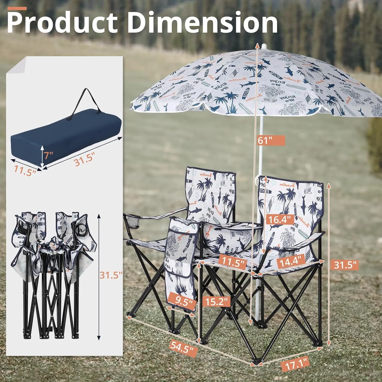 2-Person Folding Beach Chair with Umbrella & Cooler Table - 250LB Capacity Portable Camping Chair with Adjustable Canopy, Cup Holder & Carry Bag for Pool, Patio, Park, Outdoor, Shark Pattern