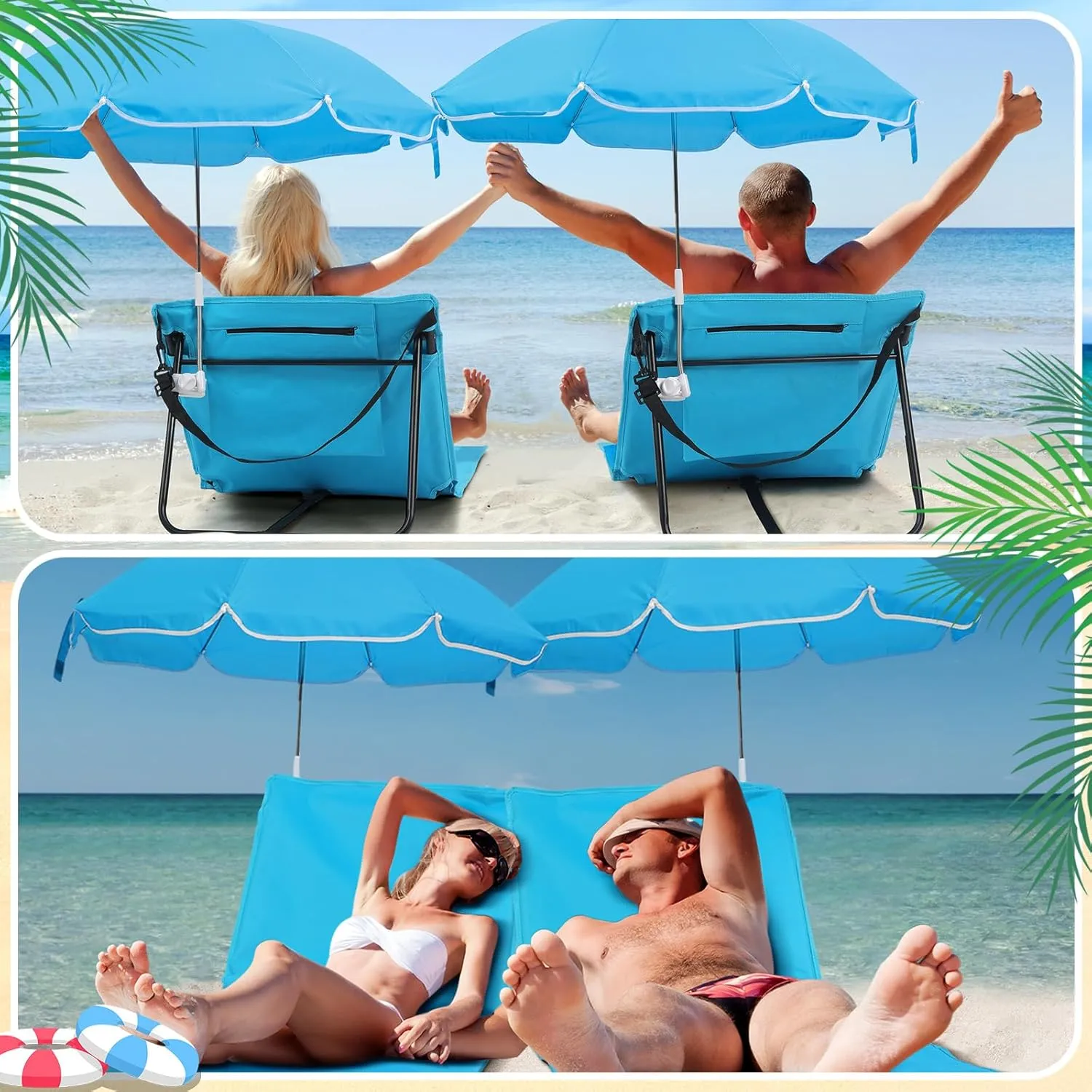 2 Set Beach Chairs with Umbrella Portable Beach Lounger Lightweight Foldable Outdoor Lounger Chair for Adult Outdoor Travel Sunbathing Camping Easy to Fold and Carry(Blue,Simple Style)