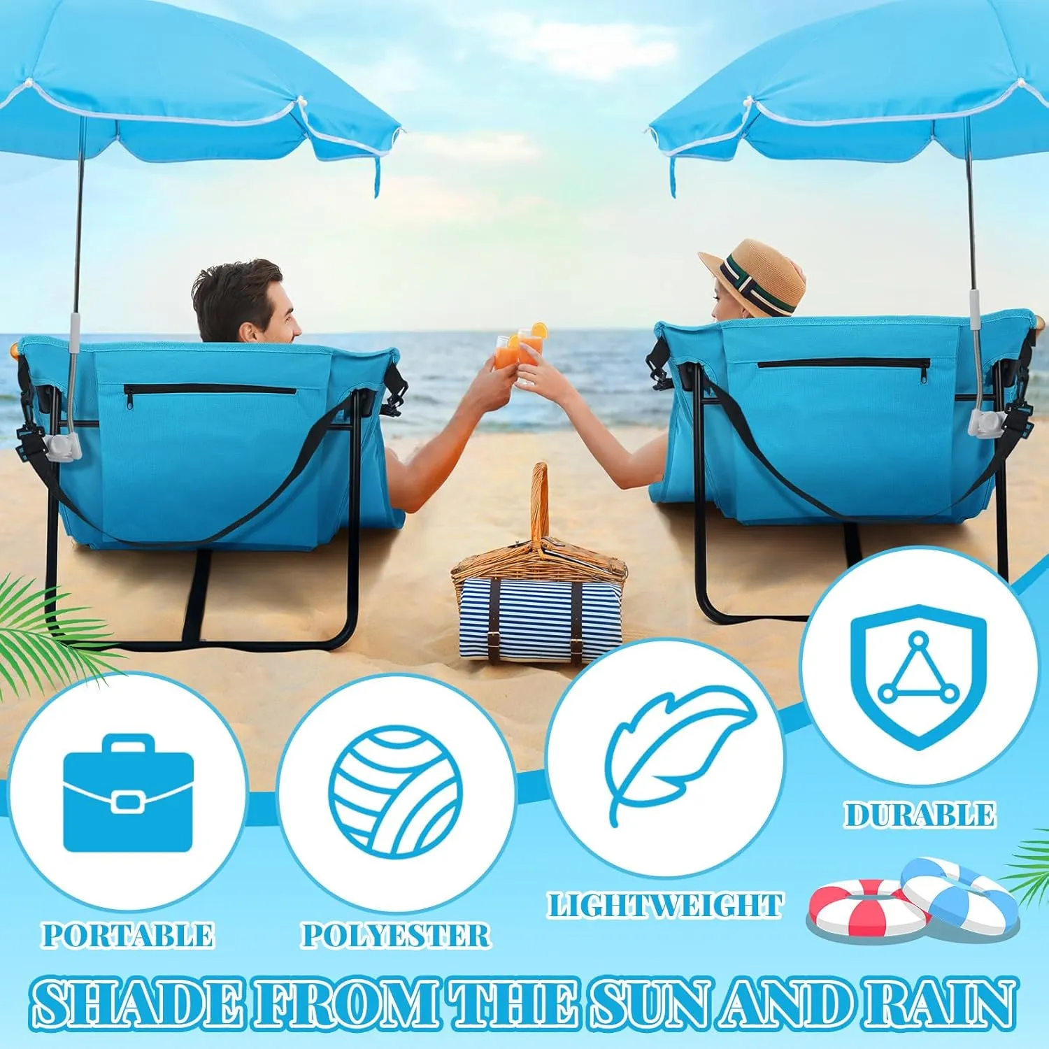 2 Set Beach Chairs with Umbrella Portable Beach Lounger Lightweight Foldable Outdoor Lounger Chair for Adult Outdoor Travel Sunbathing Camping Easy to Fold and Carry(Blue,Simple Style)