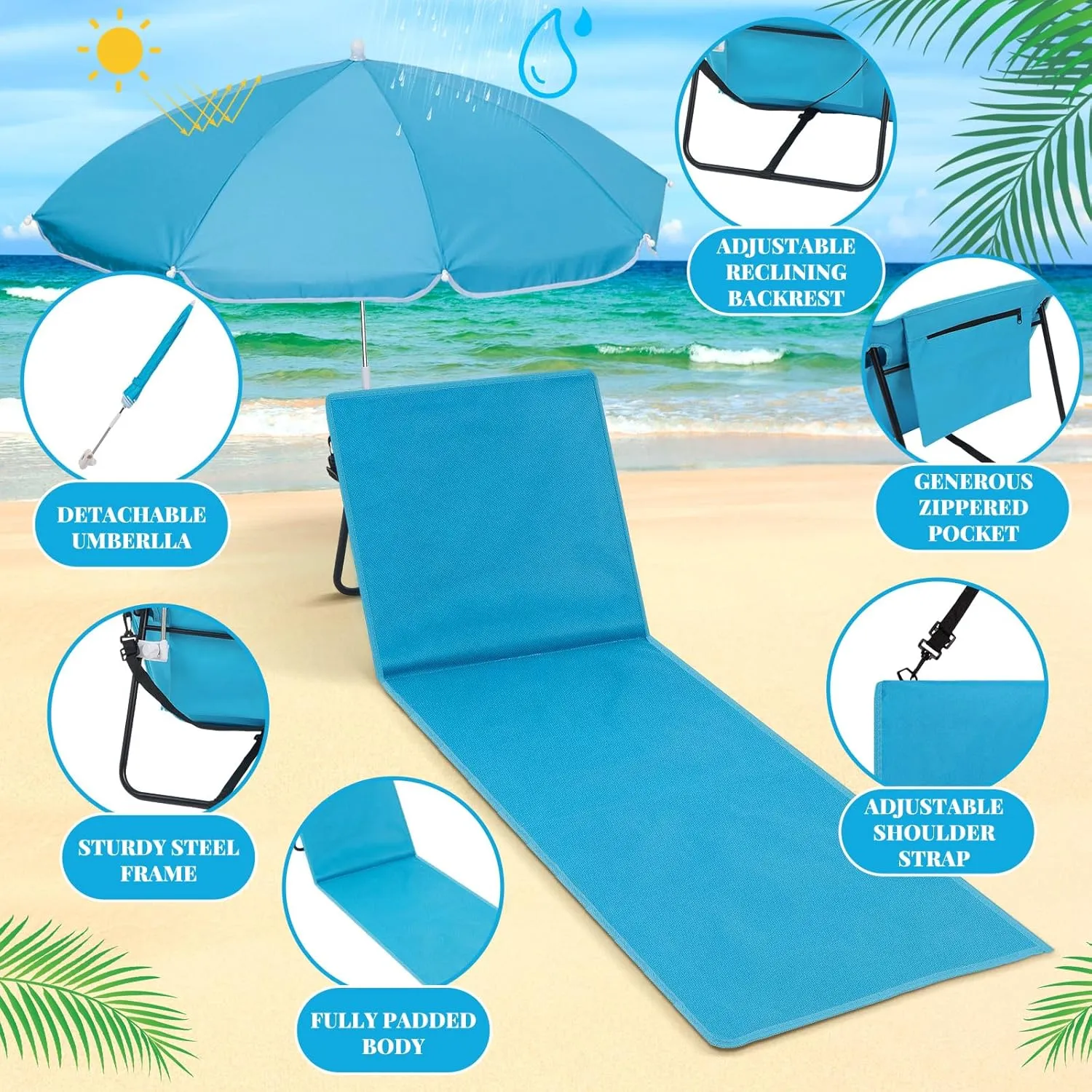 2 Set Beach Chairs with Umbrella Portable Beach Lounger Lightweight Foldable Outdoor Lounger Chair for Adult Outdoor Travel Sunbathing Camping Easy to Fold and Carry(Blue,Simple Style)