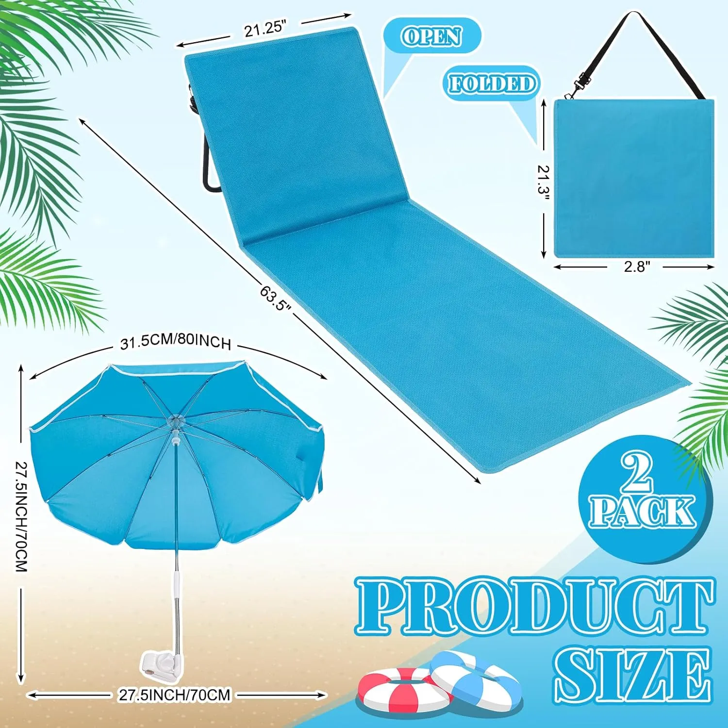 2 Set Beach Chairs with Umbrella Portable Beach Lounger Lightweight Foldable Outdoor Lounger Chair for Adult Outdoor Travel Sunbathing Camping Easy to Fold and Carry(Blue,Simple Style)