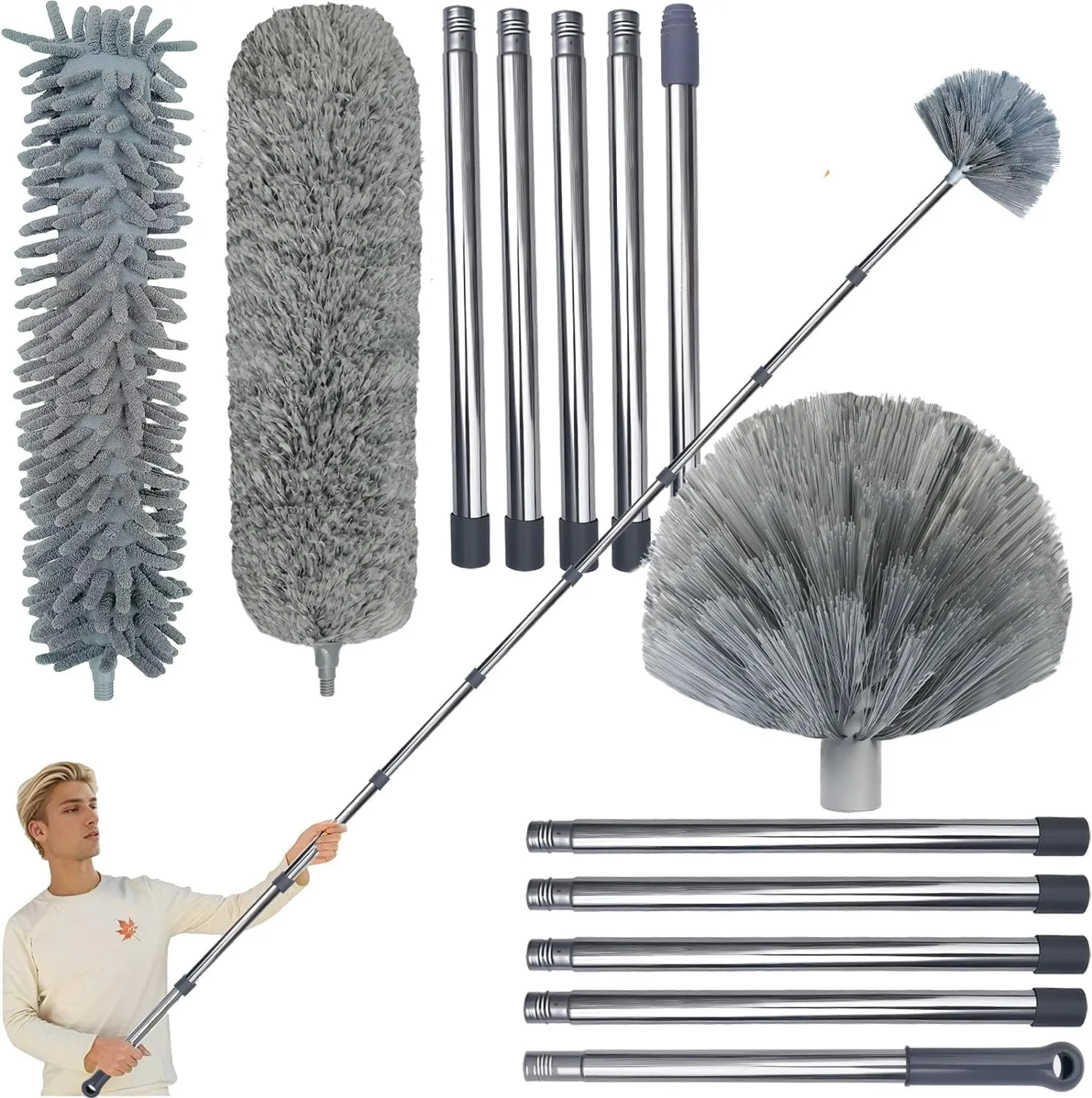 20  Feet High Reach Duster Kit with 3-14 ft Extension Pole for Cleaning Fan, Spider Web, High Ceiling, Blinds, Furniture, Cars - Cobweb Microfiber Duster // Outdoor & Indoor Extendable Duster