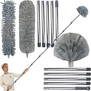 20  Feet High Reach Duster Kit with 3-14 ft Extension Pole for Cleaning Fan, Spider Web, High Ceiling, Blinds, Furniture, Cars - Cobweb Microfiber Duster // Outdoor & Indoor Extendable Duster