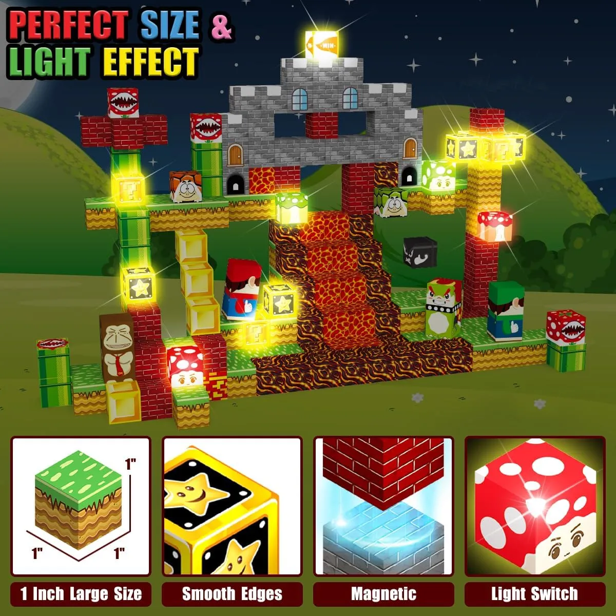 200PCS Magnetic Blocks Building Toys, 1" Light Up Building Blocks Magnet Cubes Tiles for Toddlers Boys Girls 3 , Build Game Adventure Scenes STEM Sensory Construction Toys