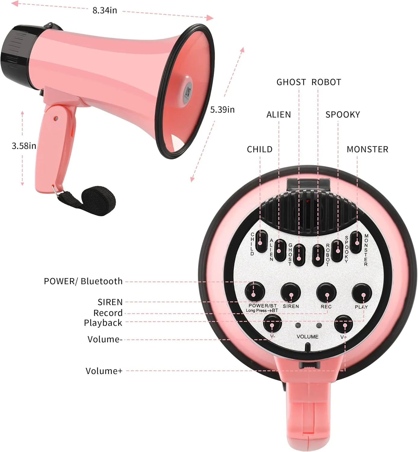 20W Megaphone Bullhorn| Bull Horn Loud Speaker with Bluetooth | Mega Phone Built-in Siren & Whistle Plus Recording funcation | Voice Changer for Adults, Kids, Party Games and Outdoor