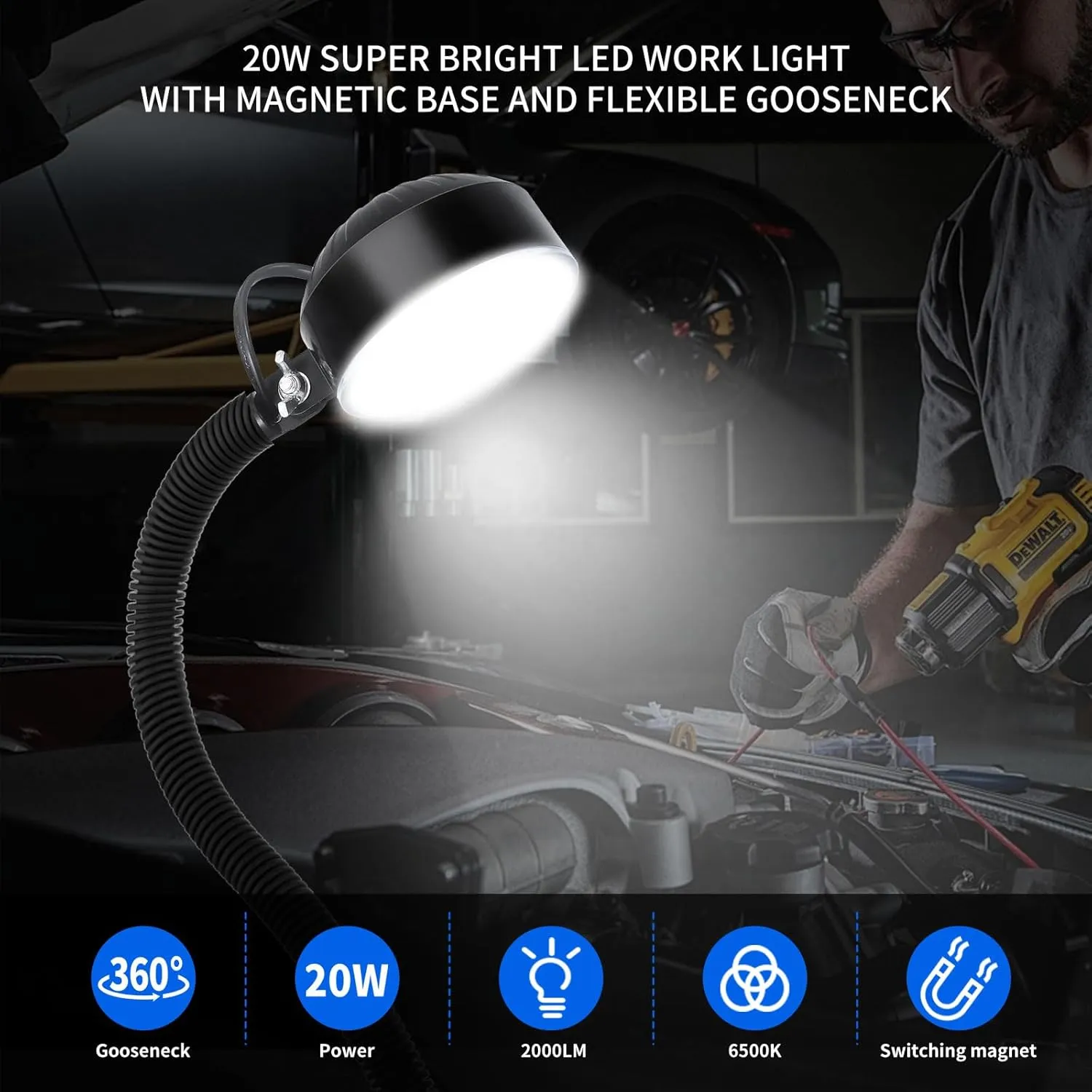20W WangJiaTai Magnetic Work Light, LED Sewing Machine Light with 20 in Flexible Gooseneck and Magnetic Base, Magnetic Shop Lamp, Lathe Light for Work Bench, Industrial Lighting, 2000Lumens, Black