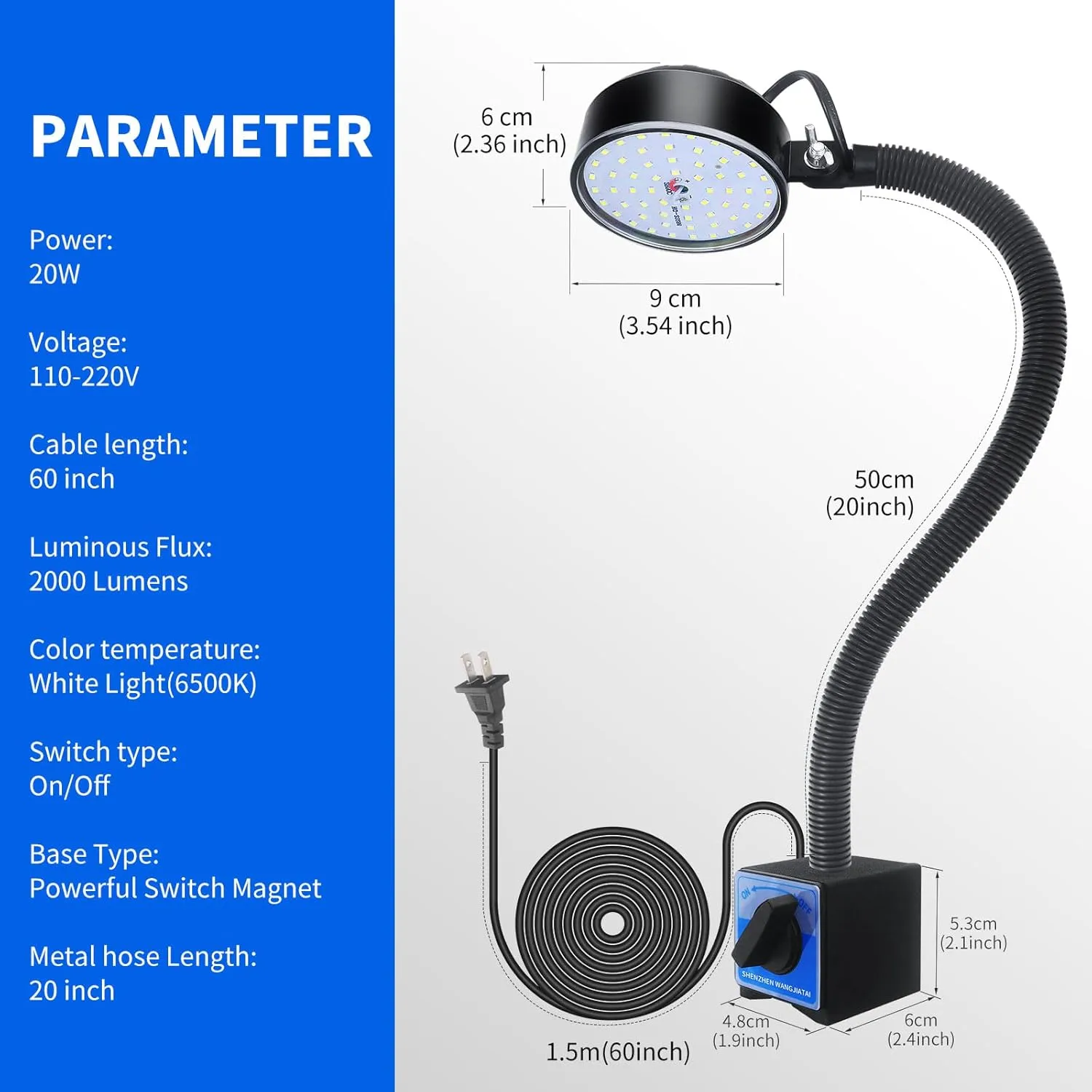 20W WangJiaTai Magnetic Work Light, LED Sewing Machine Light with 20 in Flexible Gooseneck and Magnetic Base, Magnetic Shop Lamp, Lathe Light for Work Bench, Industrial Lighting, 2000Lumens, Black