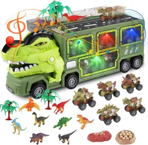 21 in 1 Dinosaur Truck Toys for 3 4 5 6 7 Year Old Boys Girls - T-Rex Transport Car Carrier Truck with 5 Pull Back Dinosaur Cars and 9 Dino Figures, Kids Birthday Christmas Toy Gift w/Light & Music