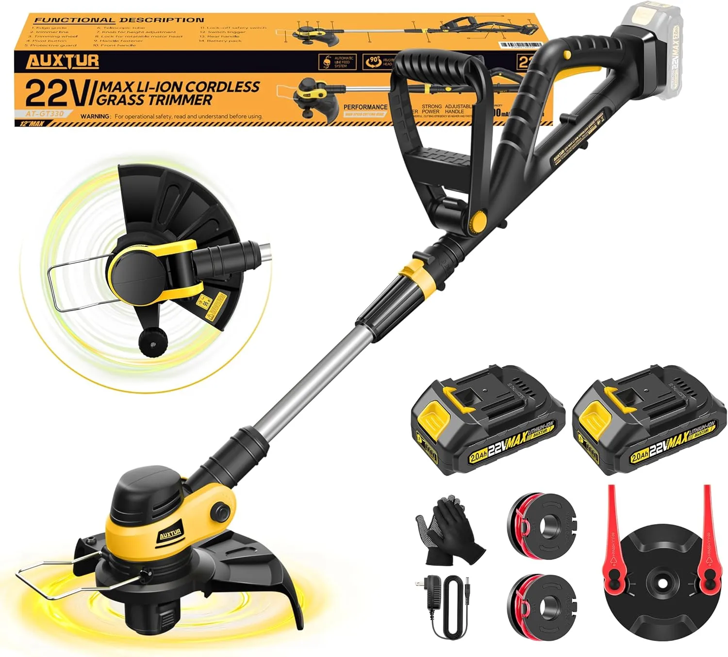 22V Cordless String Trimmers - 90° Pivot Head - Weed Wacker with 2 * 2000MAH Batteries and 12'' Cutting Width - Power Tools for Lawn Edging, Hedge Trimming