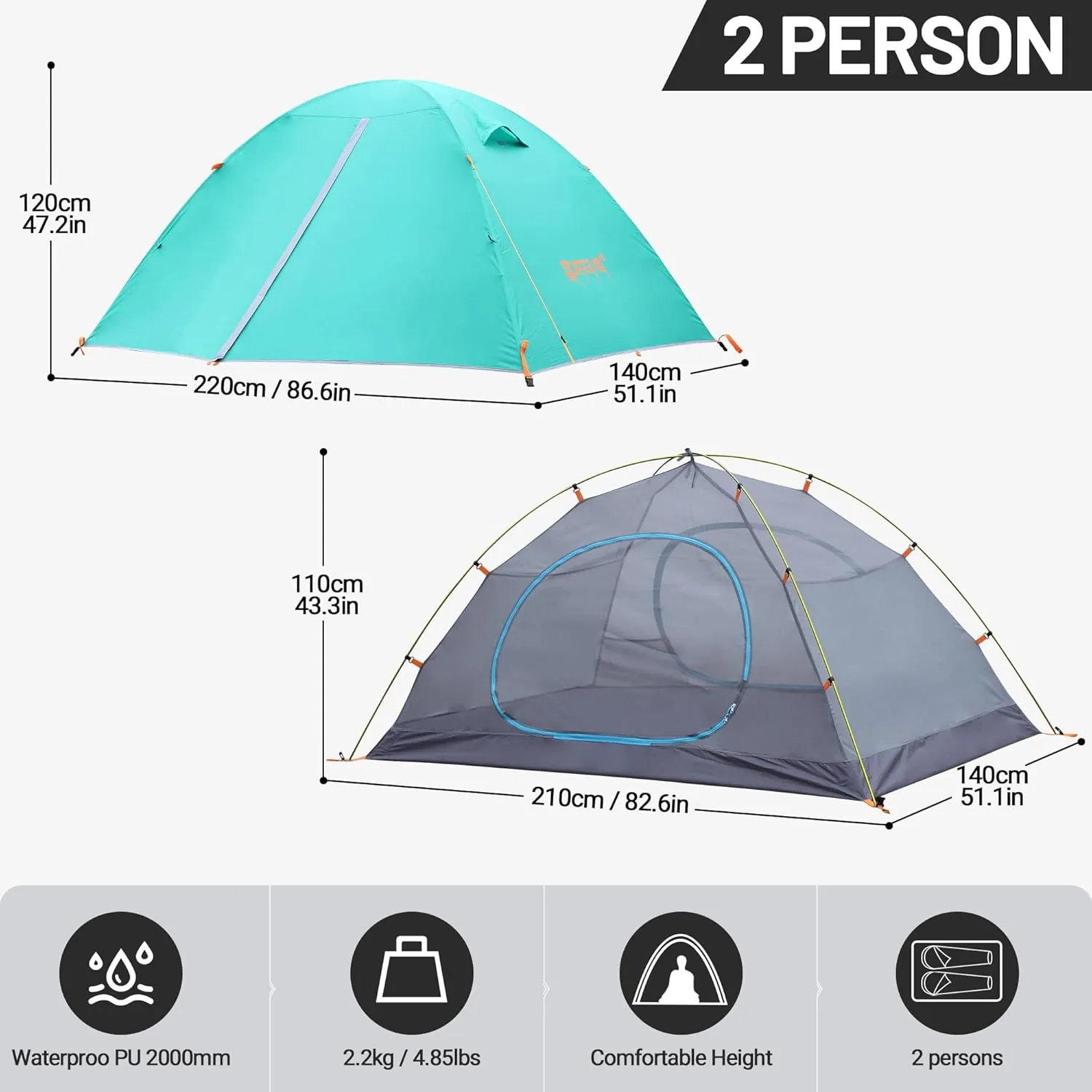 2/3 Person Camping Tent Backpacking Lightweight Tent Waterproof Windproof Aluminum Pole Two Doors Double Layer Easy Setup Portable for Outdoor Camping Hiking Beach Travel