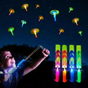 25 Packs LED Flying Toys Set with Whistle,25 Rocket Slingshot 25 Glow Arrow Helicopter for Summer Outdoor Camping Toys Game LED Slingshot Toy for Kids Glow in The Dark Party Supplies 8-12,4-8