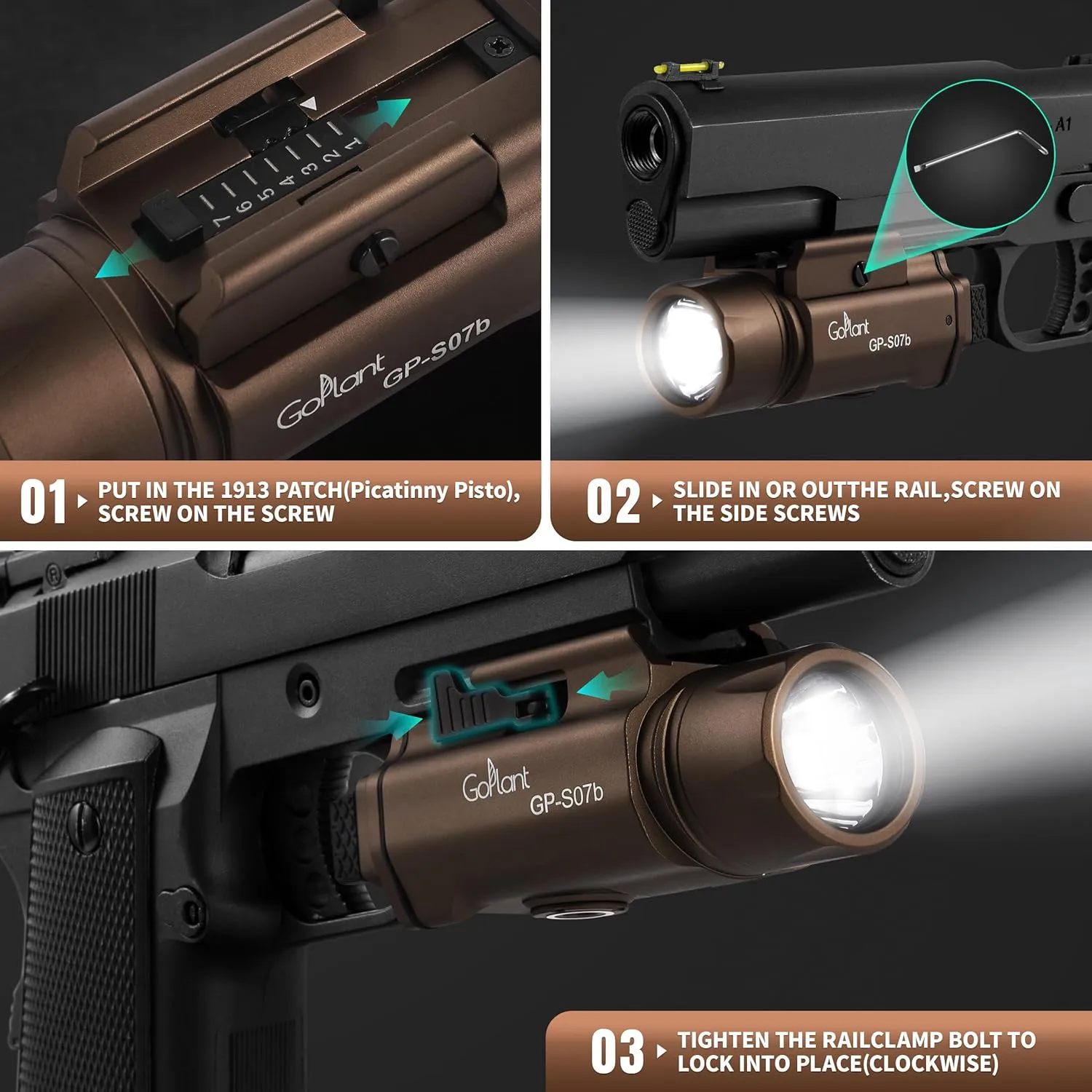 2500 Lumens Weapon Light Flashlight, Only Rechargeable LED White Light Adjustable Rail-Mounted Without Laser, Aircraft-Grade Aluminum Tactical Gun Light for Picatinny or GL Rail
