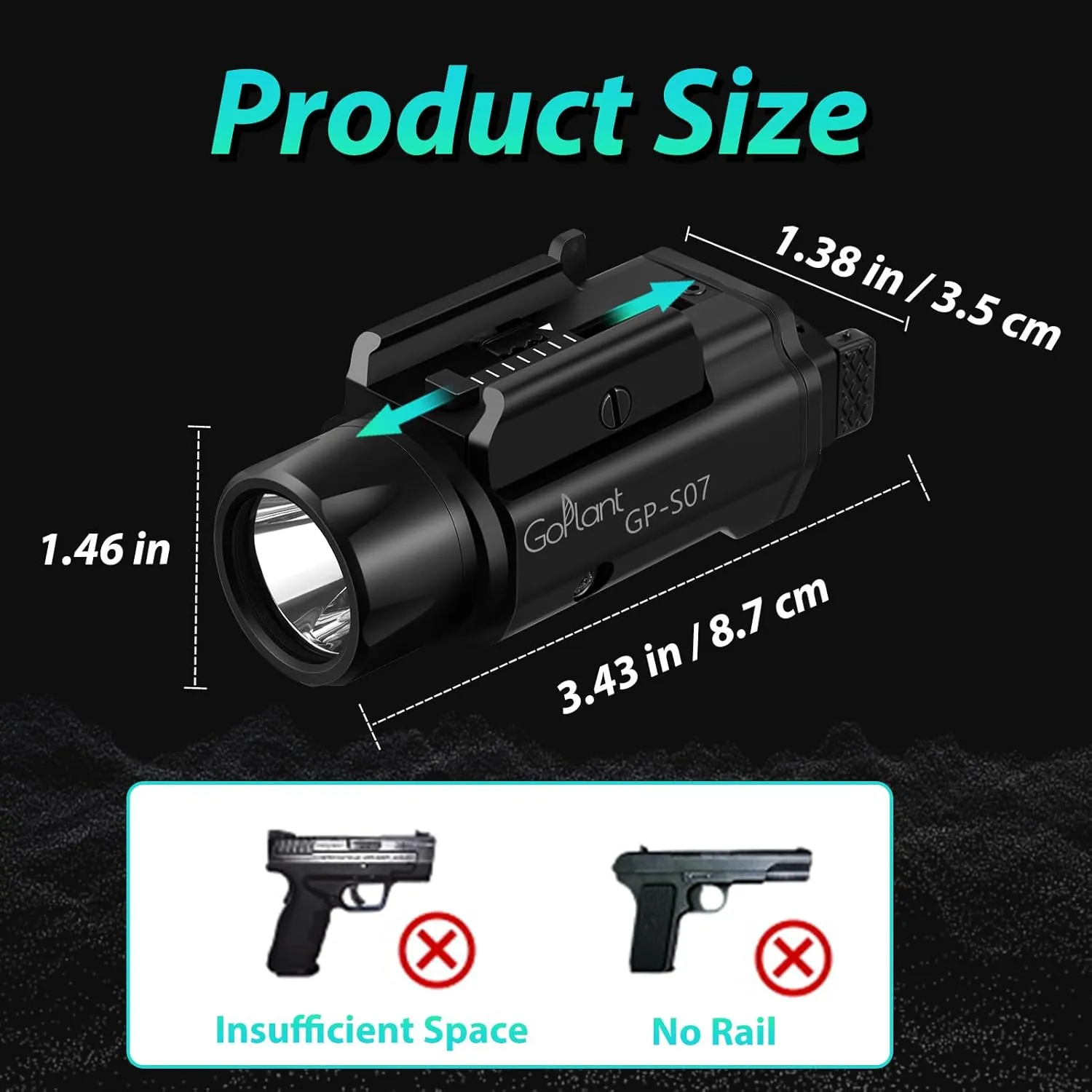 2500 Lumens Weapon Light Flashlight, Only Rechargeable LED White Light Adjustable Rail-Mounted Without Laser, Aircraft-Grade Aluminum Tactical Gun Light for Picatinny or GL Rail