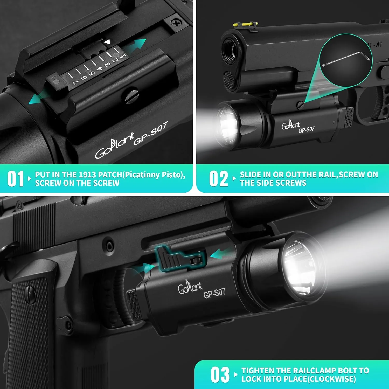 2500 Lumens Weapon Light Flashlight, Only Rechargeable LED White Light Adjustable Rail-Mounted Without Laser, Aircraft-Grade Aluminum Tactical Gun Light for Picatinny or GL Rail