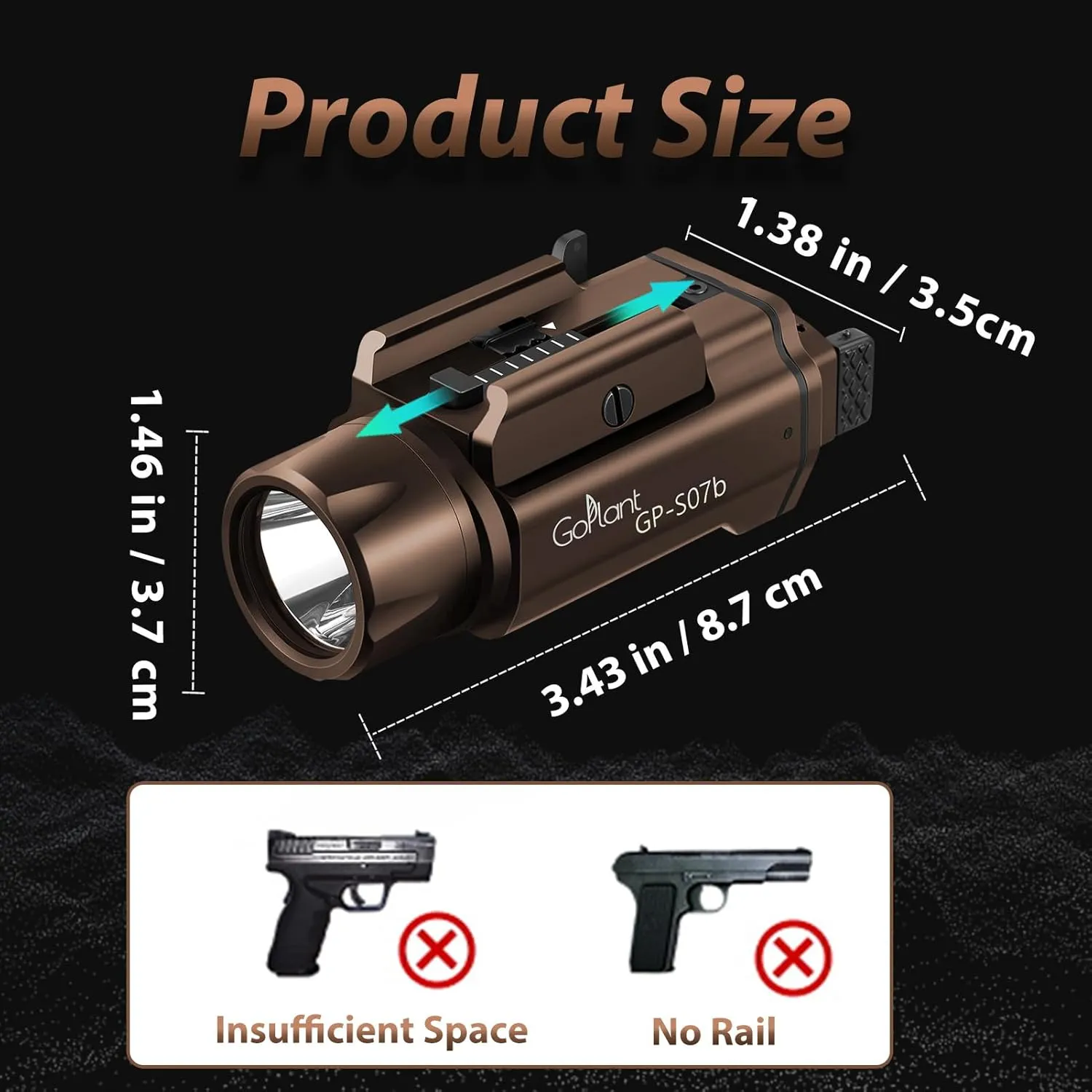 2500 Lumens Weapon Light Flashlight, Only Rechargeable LED White Light Adjustable Rail-Mounted Without Laser, Aircraft-Grade Aluminum Tactical Gun Light for Picatinny or GL Rail