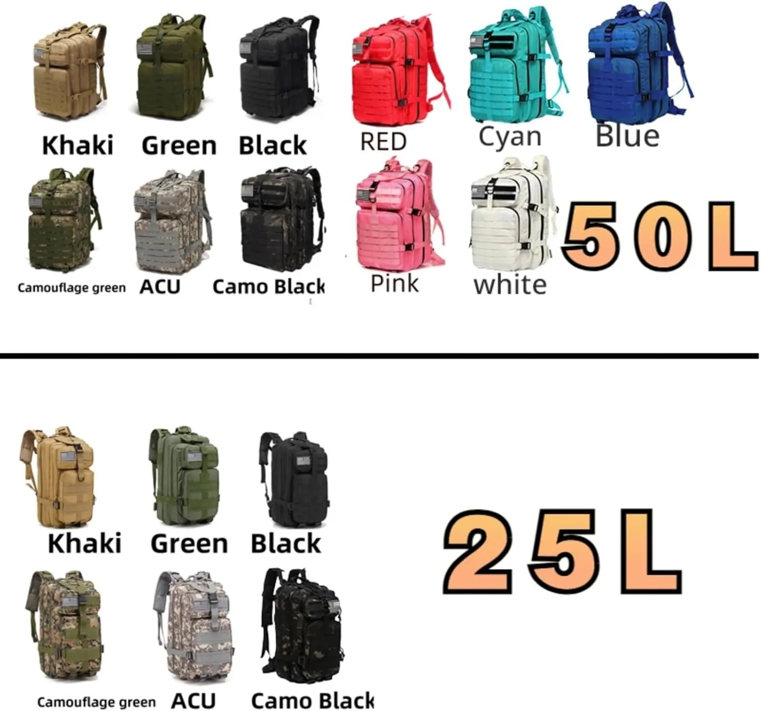 25L 50L Water-Resistant Nylon Backpack Outdoor Camping Hiking Trekking Durable Daypack Molle System (25L (Khaki))