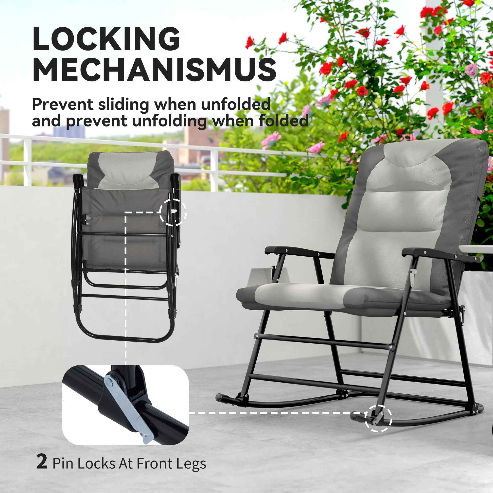 2pc Patio Foldable Rocking Chair Set w/ Soft Padded Seat, Backrest, and Headrest for park, backyard, garden, Light Grey