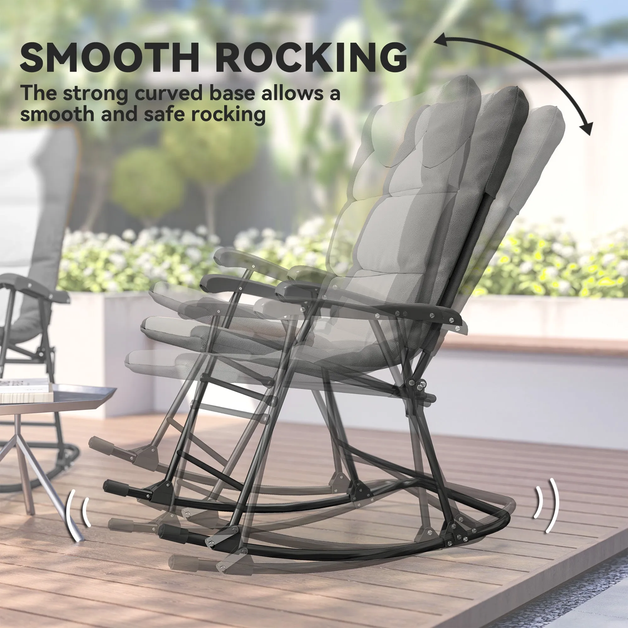 2pc Patio Foldable Rocking Chair Set w/ Soft Padded Seat, Backrest, and Headrest for park, backyard, garden, Light Grey