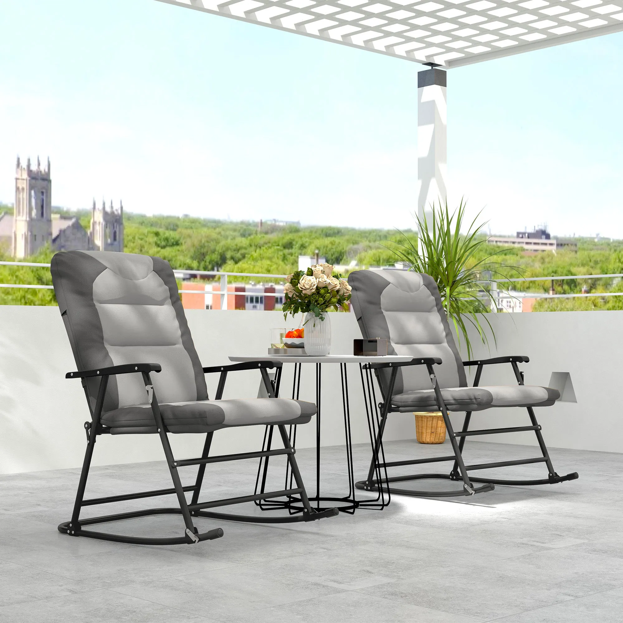 2pc Patio Foldable Rocking Chair Set w/ Soft Padded Seat, Backrest, and Headrest for park, backyard, garden, Light Grey