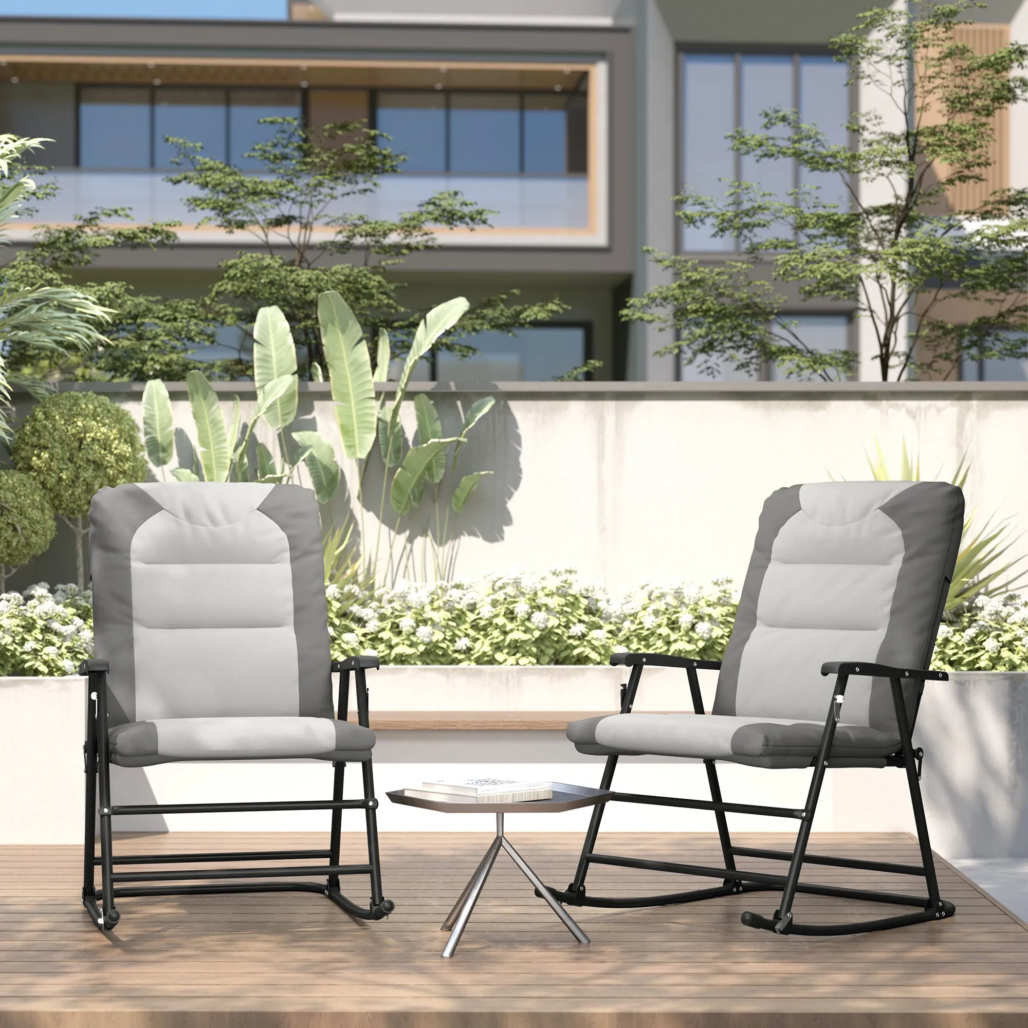 2pc Patio Foldable Rocking Chair Set w/ Soft Padded Seat, Backrest, and Headrest for park, backyard, garden, Light Grey