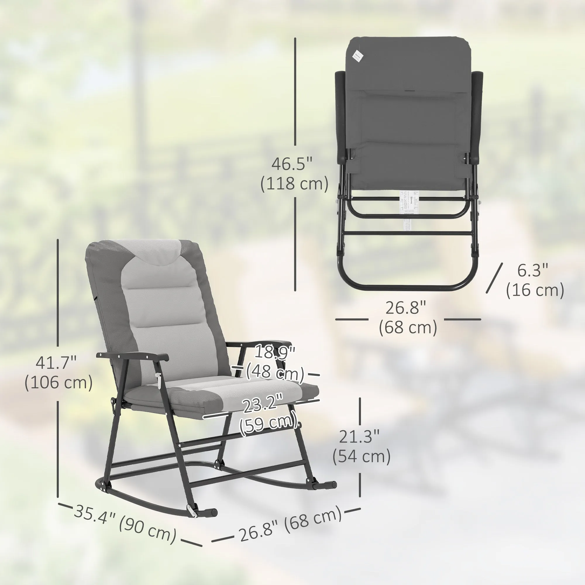 2pc Patio Foldable Rocking Chair Set w/ Soft Padded Seat, Backrest, and Headrest for park, backyard, garden, Light Grey