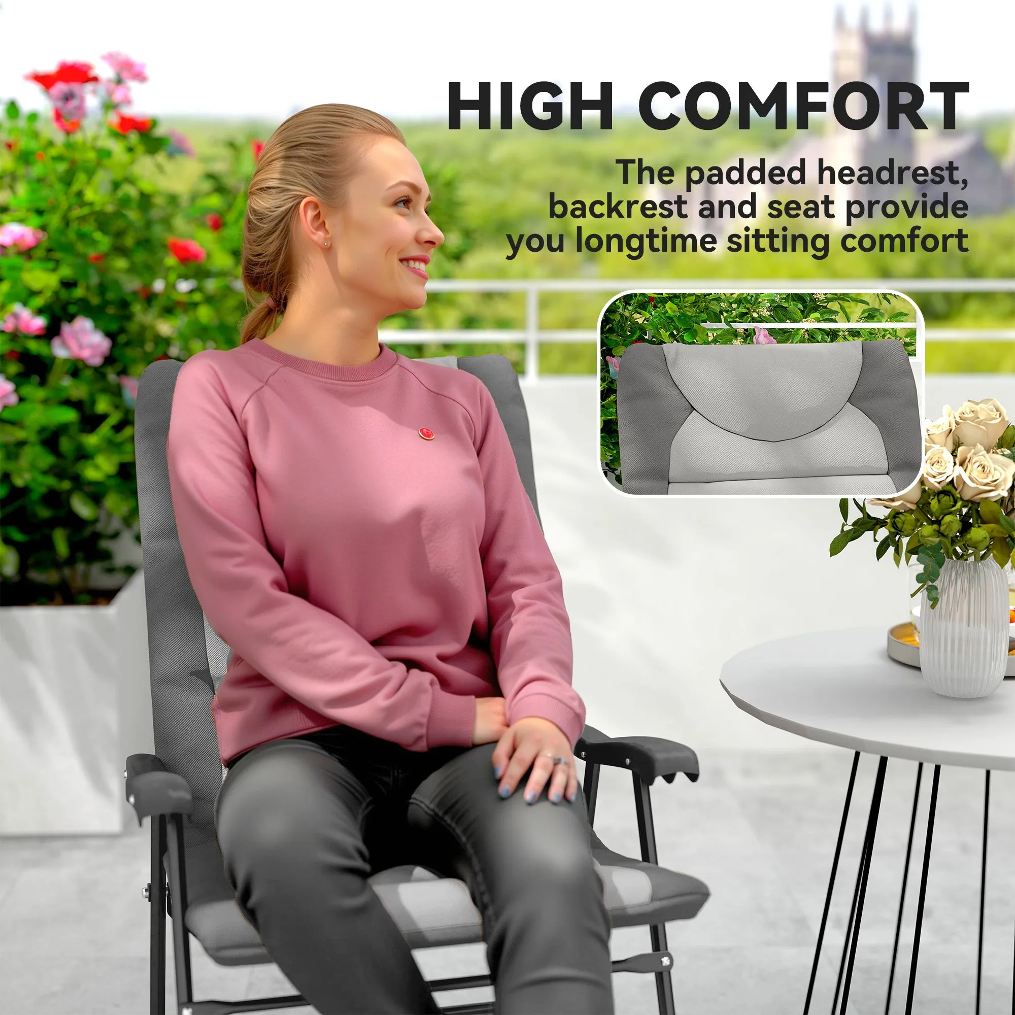2pc Patio Foldable Rocking Chair Set w/ Soft Padded Seat, Backrest, and Headrest for park, backyard, garden, Light Grey