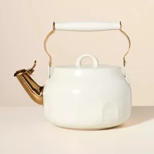 2qt Stainless Steel Tea Kettle Cream, Whistling Stovetop Teapot with Arch Cutout, Removable Lid, Nylon Handle, Gas Electric Induction Compatible, Hand Wash Only, Home Kitchen Wedding Gift Ready