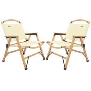 2x Bamboo Canvas Foldable Outdoor Camping Chair Wooden Picnic Park - Khaki/Beige