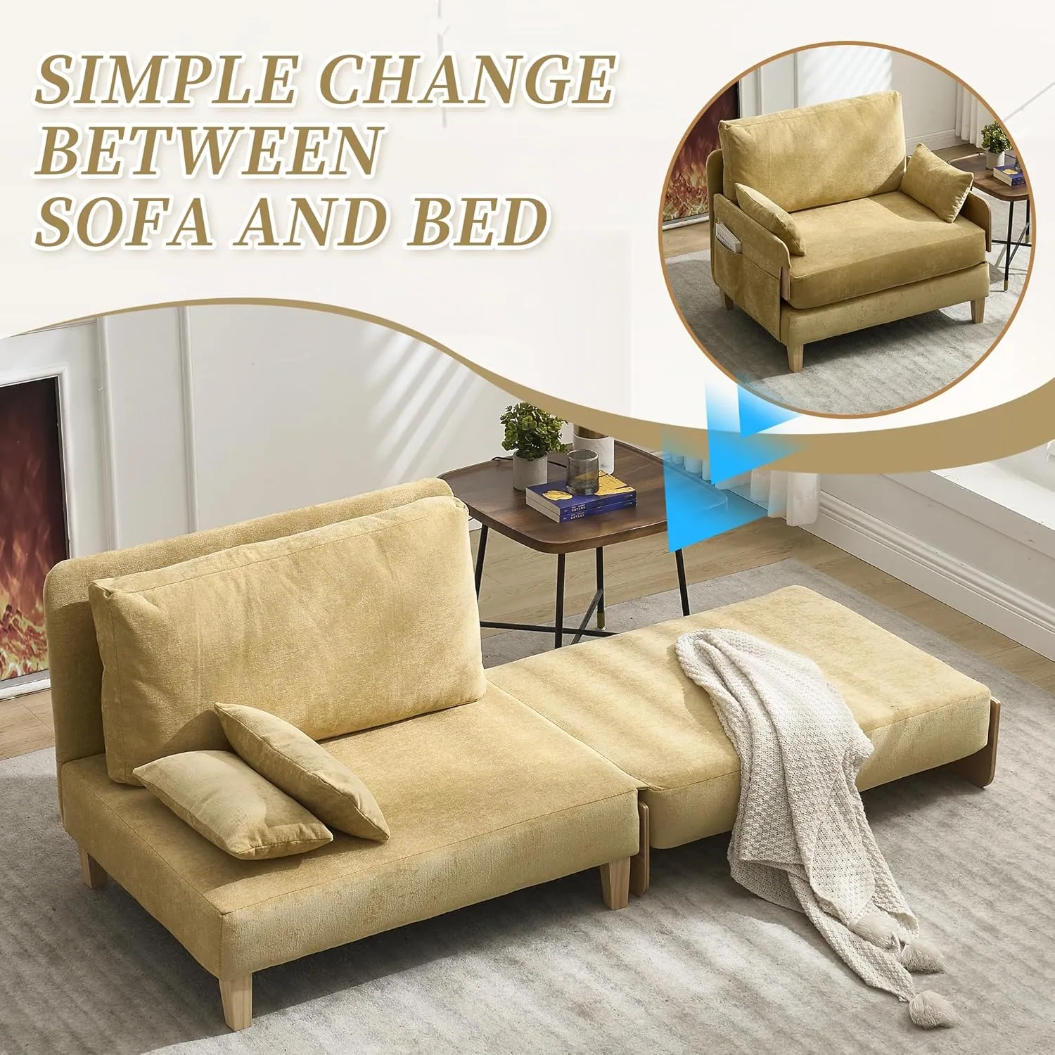 3-in-1 Foldable Sofa Bed Recliner Sleeper, Mid-Century Modern Convertible Sofa Chair with 3 Pillows, Space-Saving Design for Small Spaces, Bedroom, Study & Guest Room, Yellow