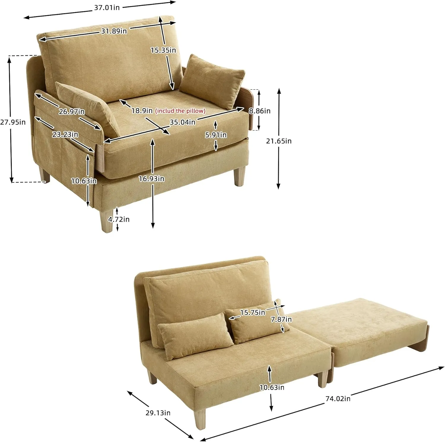 3-in-1 Foldable Sofa Bed Recliner Sleeper, Mid-Century Modern Convertible Sofa Chair with 3 Pillows, Space-Saving Design for Small Spaces, Bedroom, Study & Guest Room, Yellow