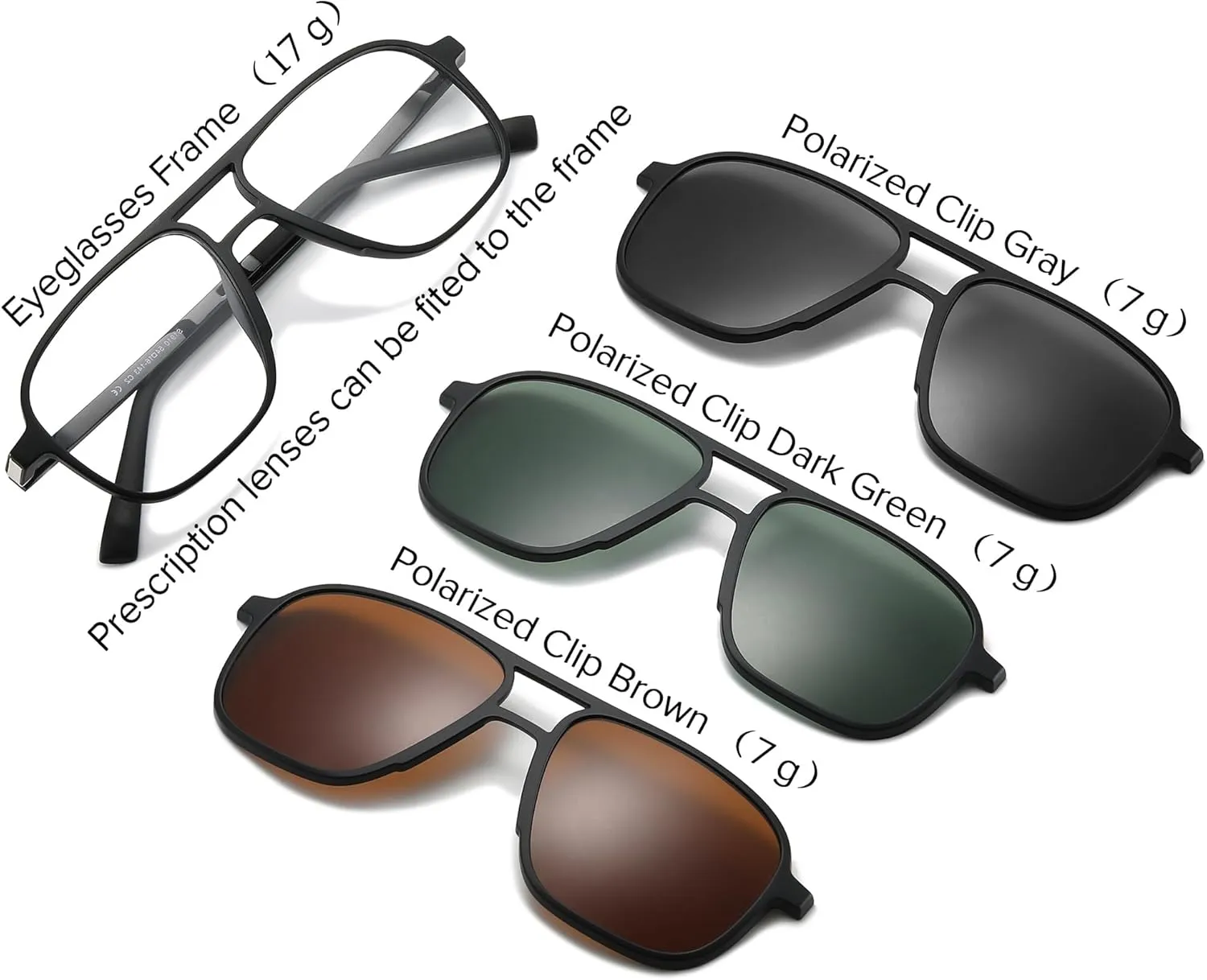 3 in 1 Polarized Magnetic Clip on Sunglasses for Eyeglasses Men Driving Black Square Aviator Optical Glasses Frame