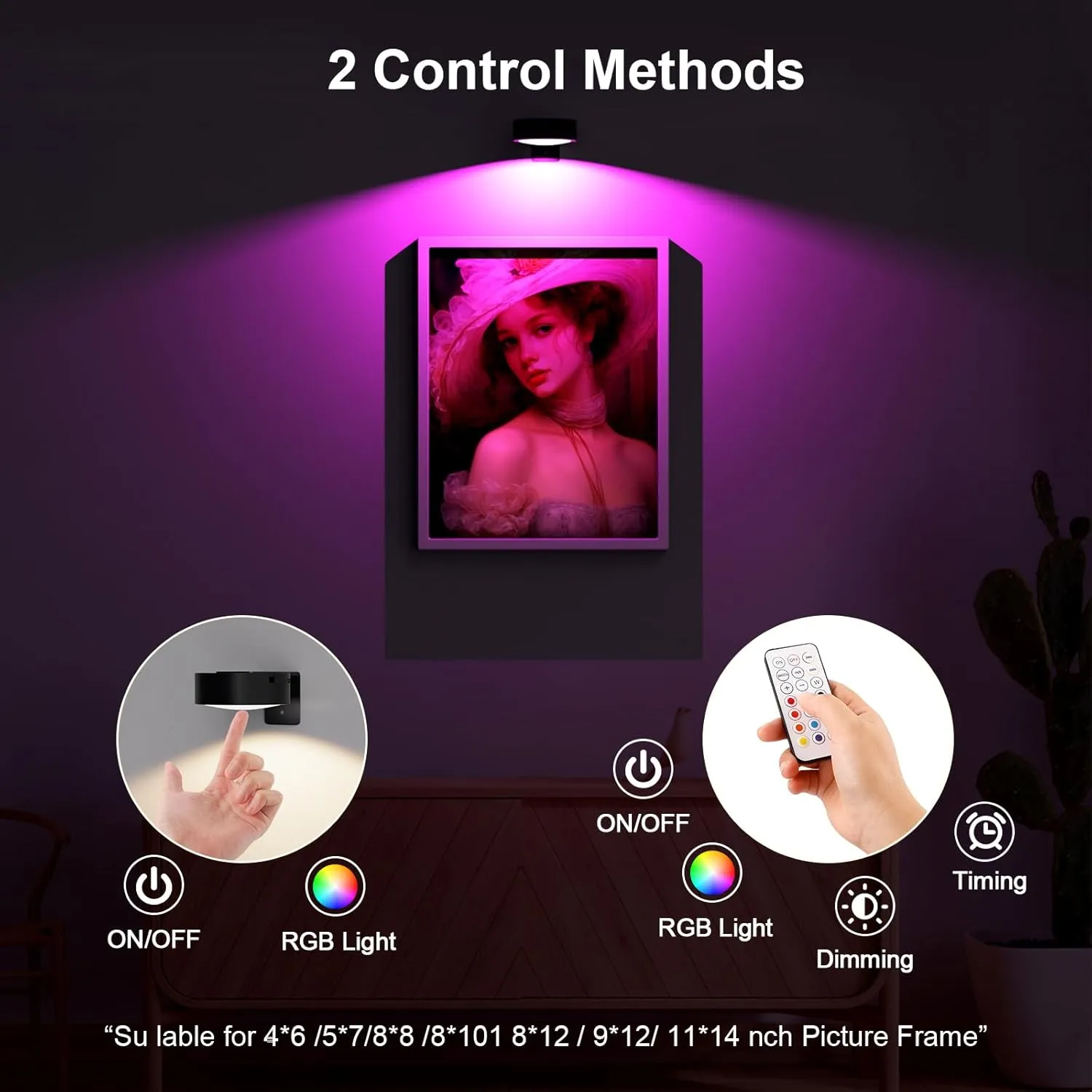 3 Pack Picture Lights for Wall, 13 RGB Color Rechargeable Battery Operated wall lights, Picture Frame lights with 3 Lighting Modes, Wireless Magnetic Painting Light with Remote Control Timer, (Black)