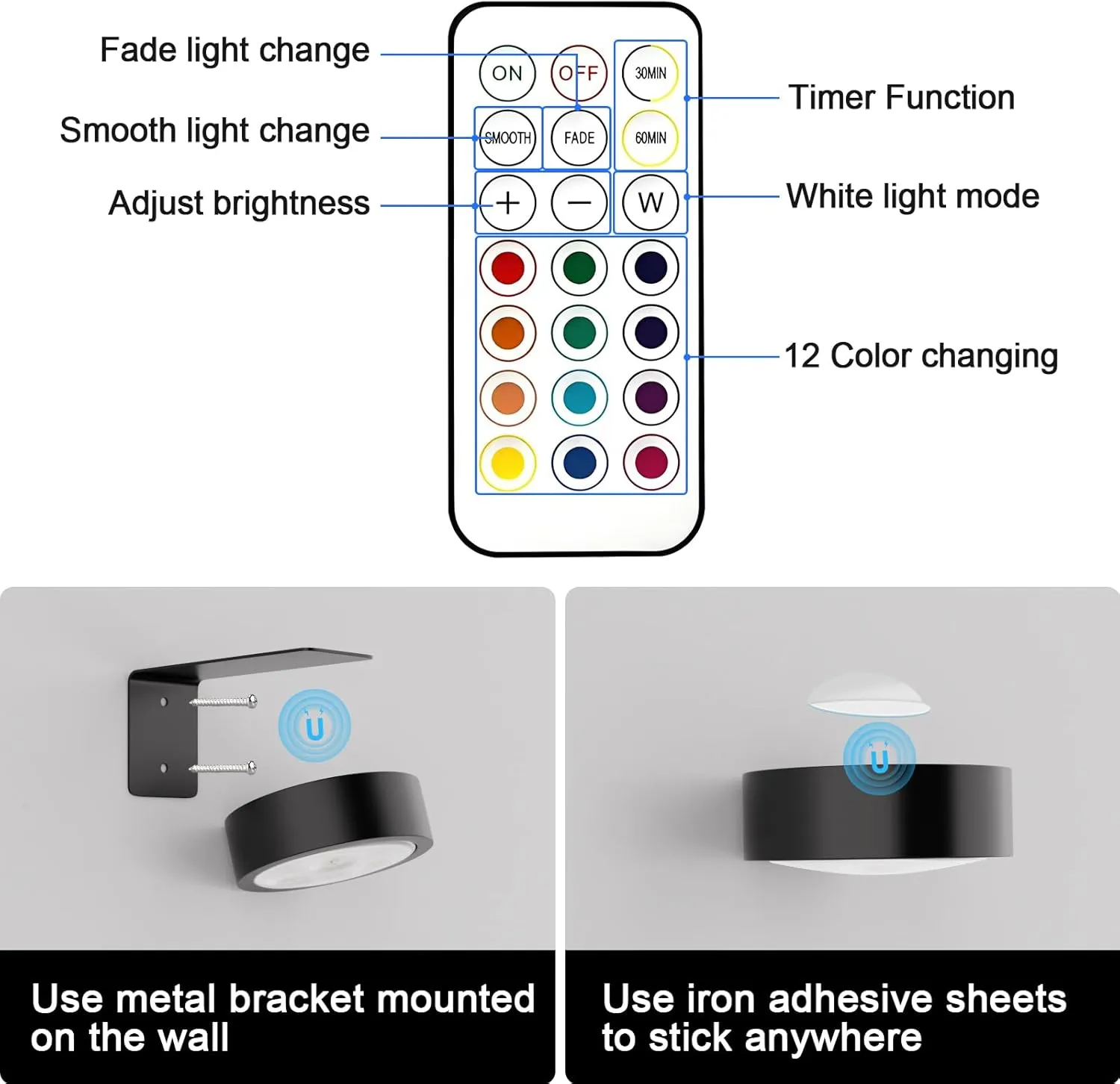 3 Pack Picture Lights for Wall, 13 RGB Color Rechargeable Battery Operated wall lights, Picture Frame lights with 3 Lighting Modes, Wireless Magnetic Painting Light with Remote Control Timer, (Black)