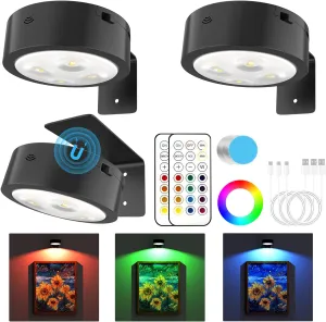 3 Pack Picture Lights for Wall, 13 RGB Color Rechargeable Battery Operated wall lights, Picture Frame lights with 3 Lighting Modes, Wireless Magnetic Painting Light with Remote Control Timer, (Black)