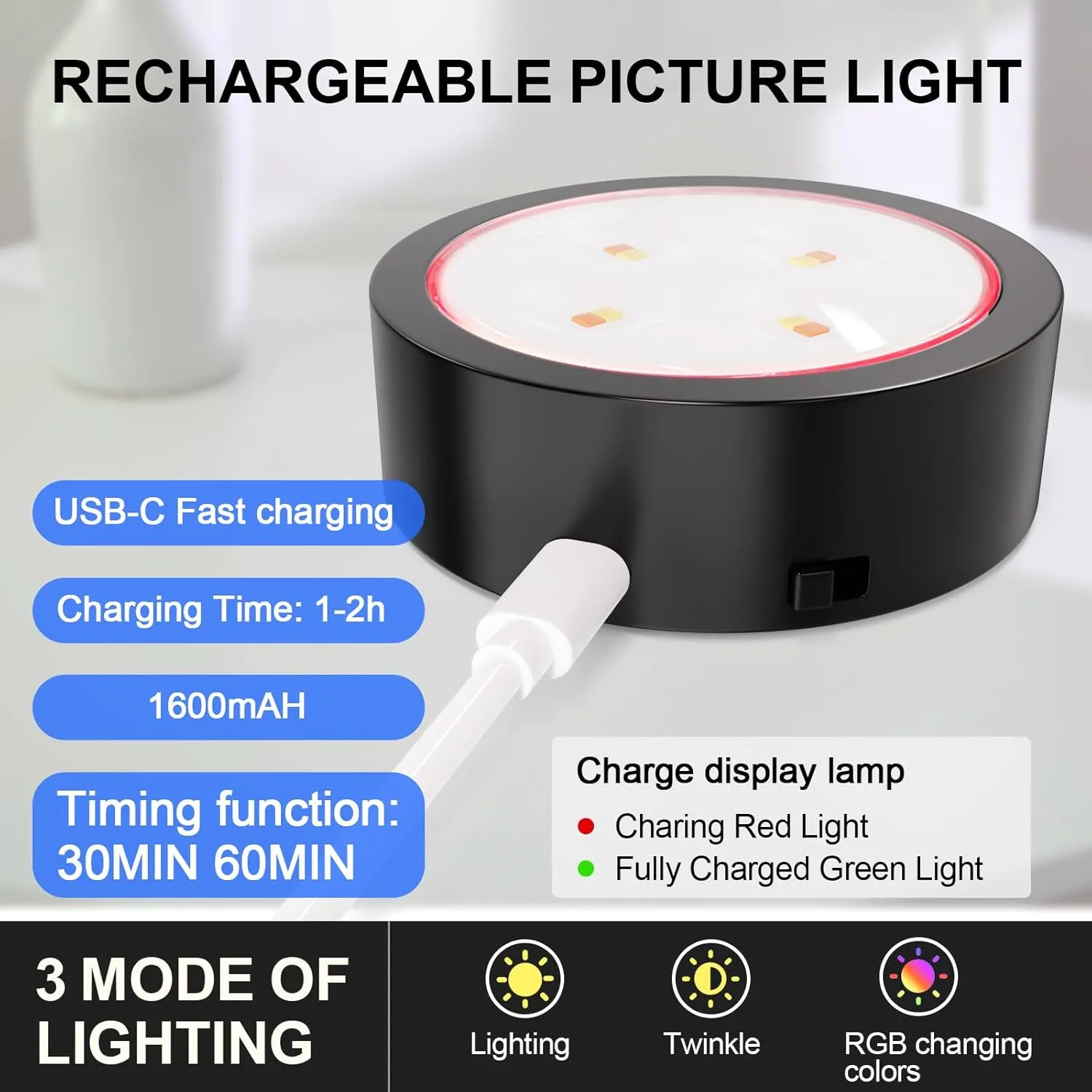 3 Pack Picture Lights for Wall, 13 RGB Color Rechargeable Battery Operated wall lights, Picture Frame lights with 3 Lighting Modes, Wireless Magnetic Painting Light with Remote Control Timer, (Black)
